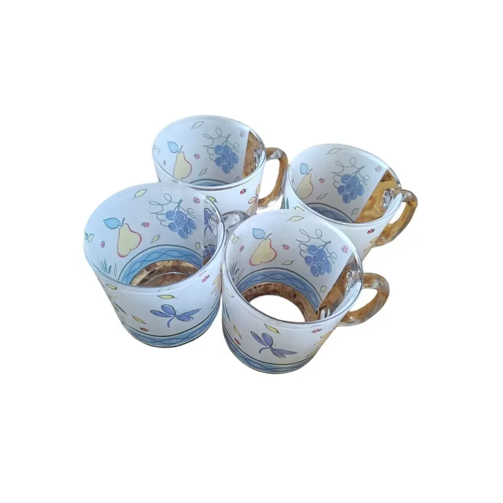 Vintage Arc Arcopal France Blue Daisy Glass Mugs Set of 4